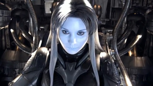 female alien character posing with huge group of robot arms