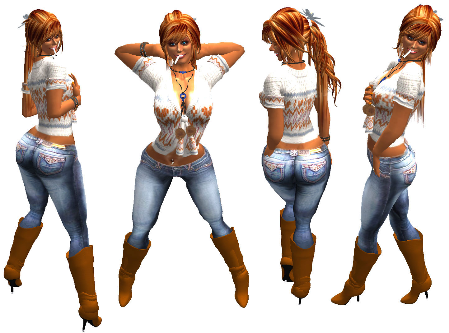 a female avatar in multiple poses with her hands behind her neck