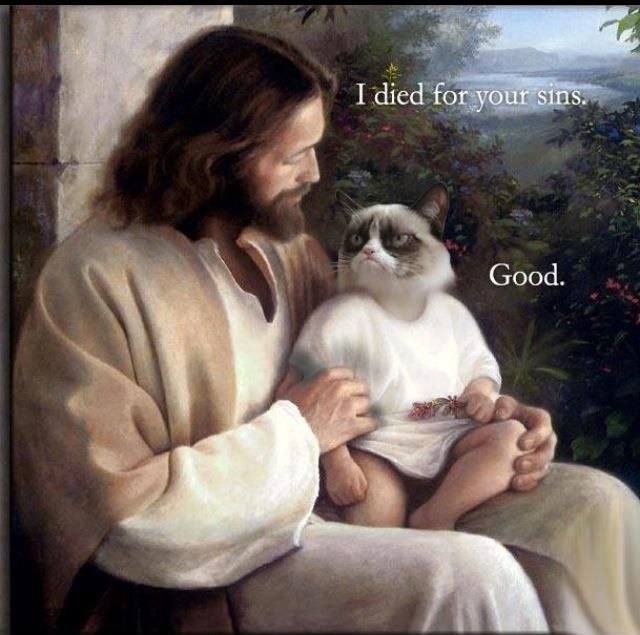 jesus holding his cat, sitting with an open arm