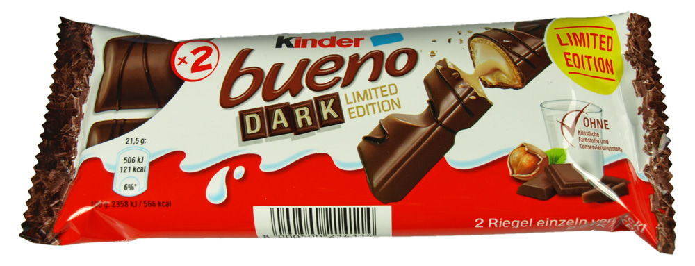 kinder bueno dark chocolate bar with milk on the wrapper