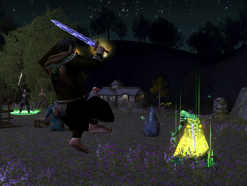 a screens of a wizard running through a field with a glowing sword