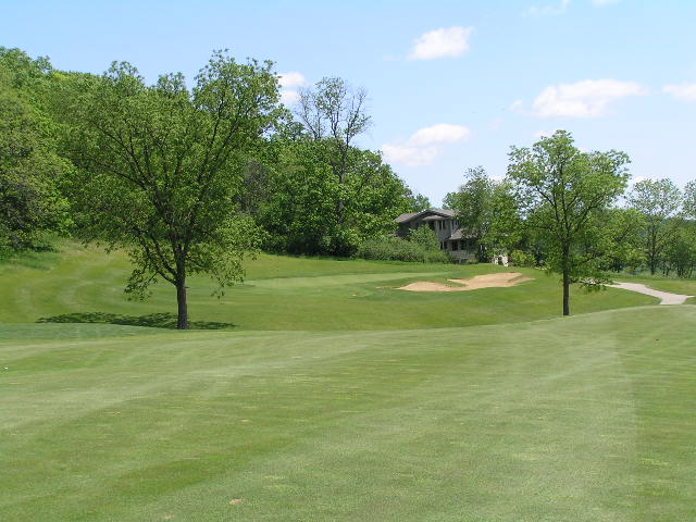 a view of a golf course, with a tree and the green in the foreground