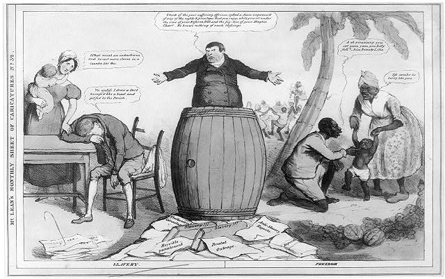 a cartoon depicting a woman with her hand on a barrel