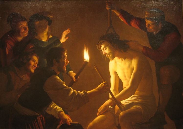 a painting of jesus with people around him holding torches