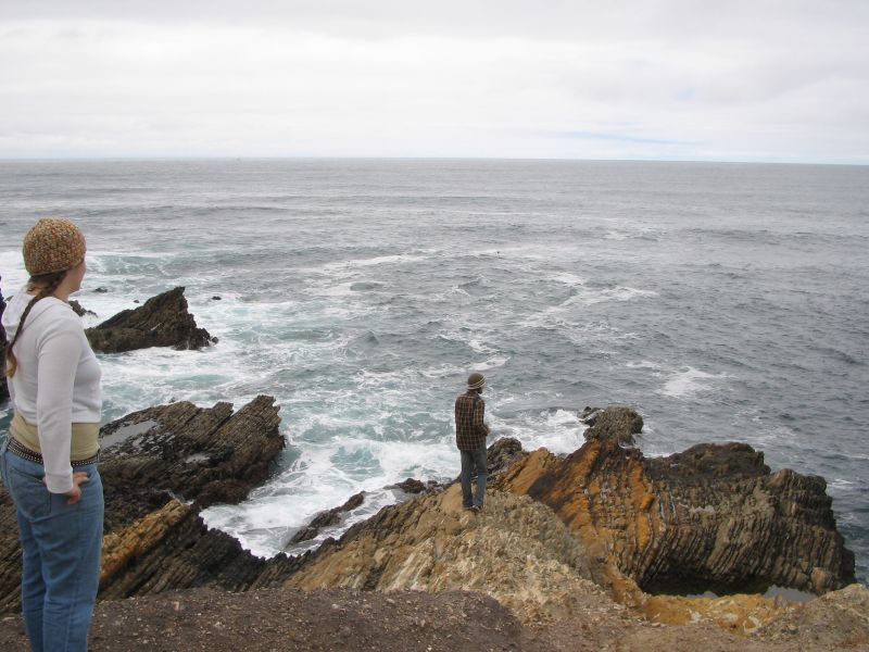 the woman looks out on the water from a cliff overlooking the ocean