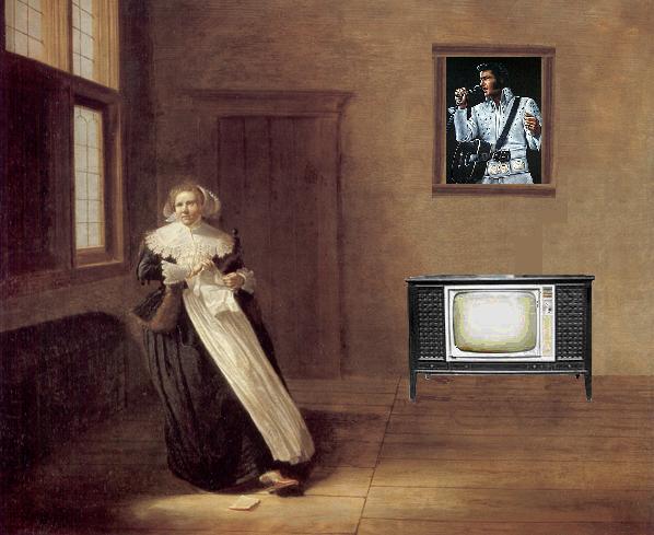 a painting of a woman standing in front of a television