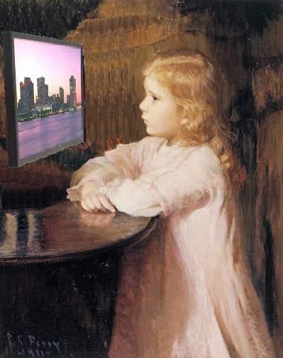 little girl watching tv at the bar with cityscape in background