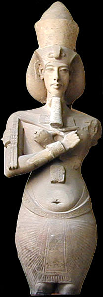 a ceramic sculpture of an egyptian queen with a spear