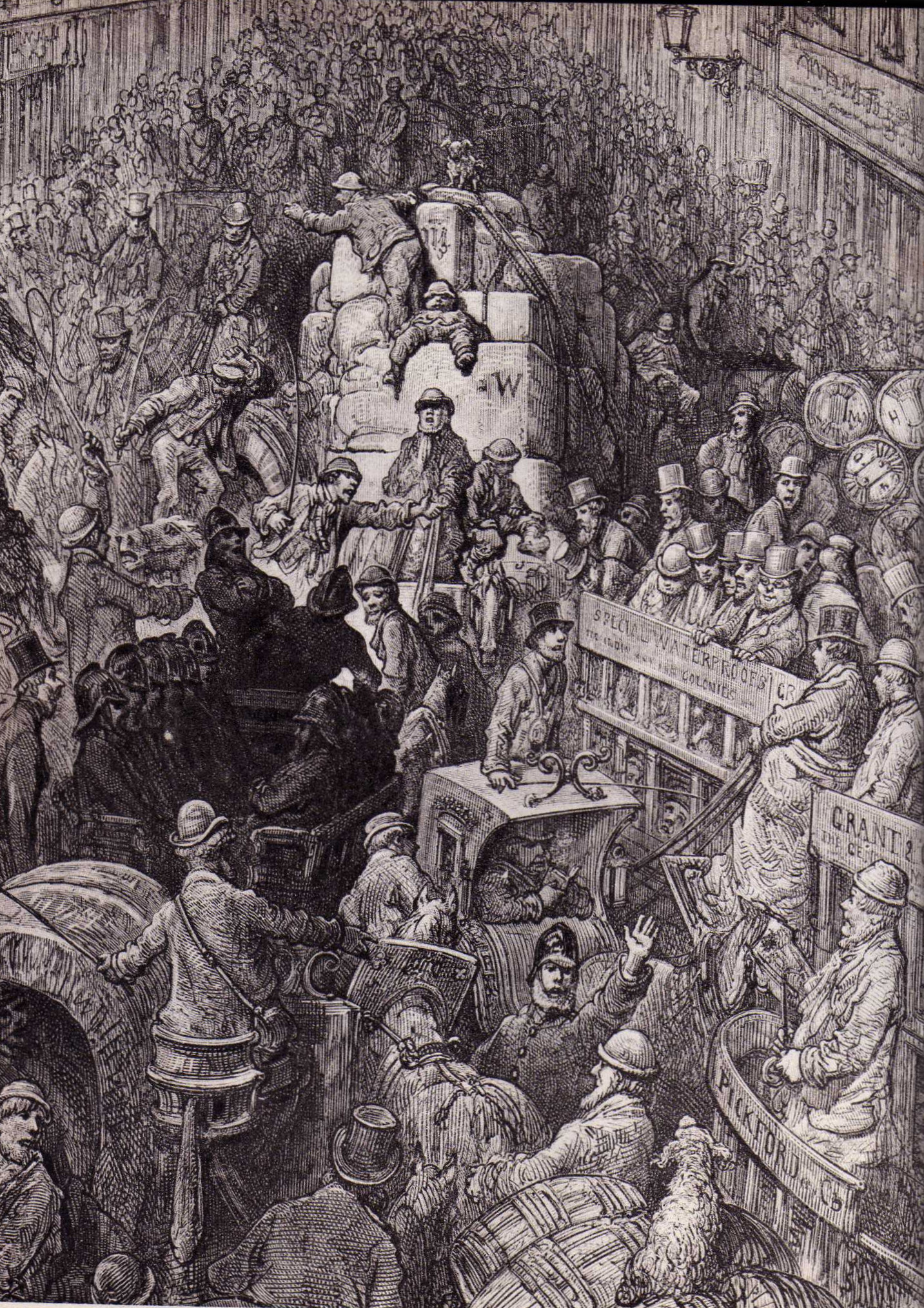 an old drawing of a crowded store with people sitting
