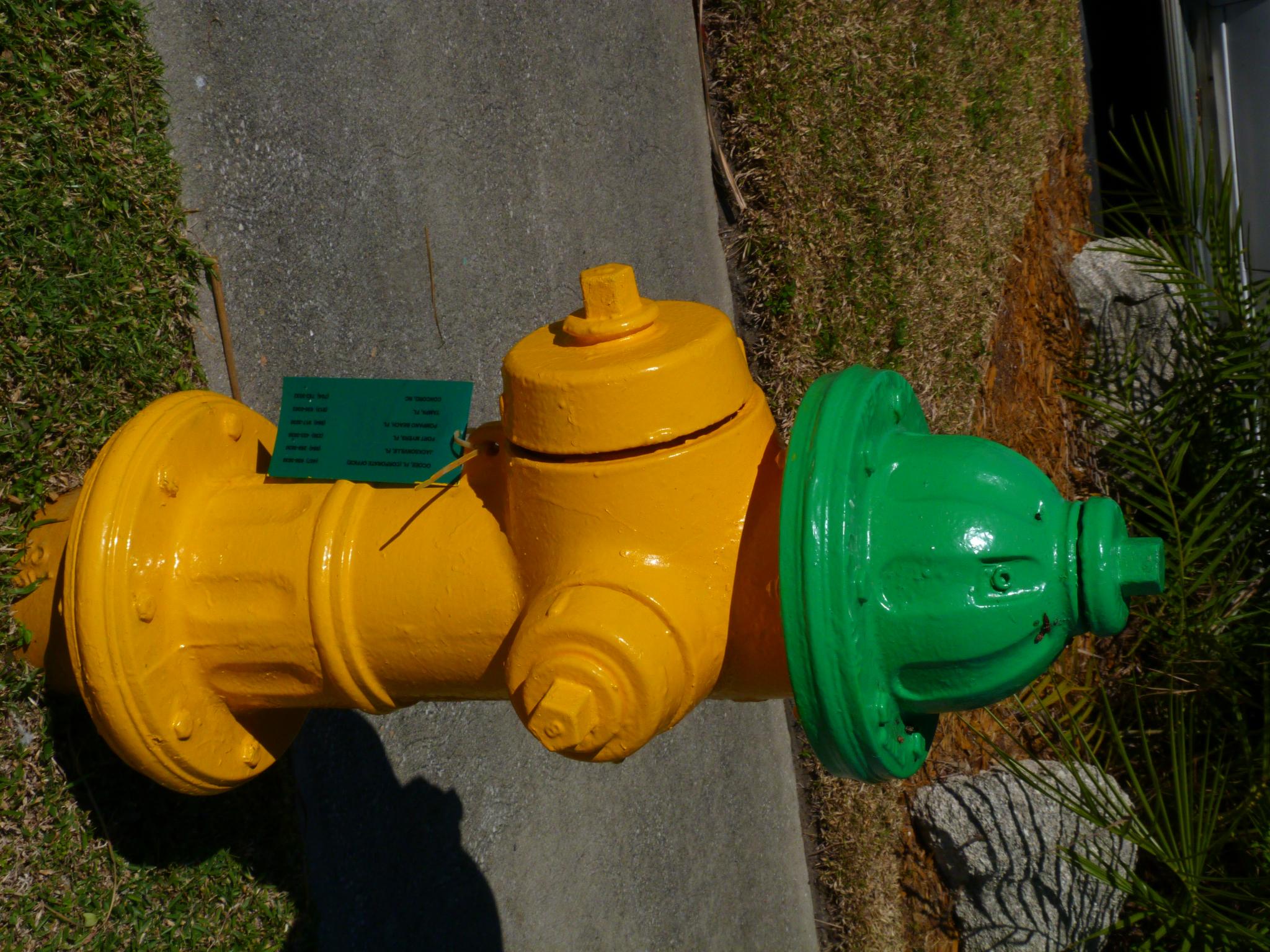 a fire hydrant painted in yellow and green