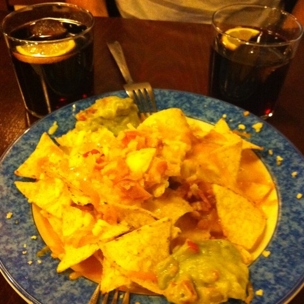 the plate has nachos and salsa on it
