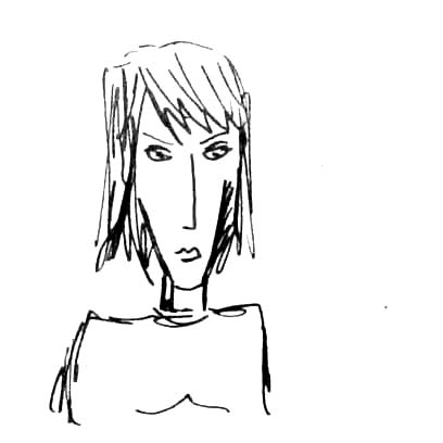 a black and white drawing of a woman with bangs