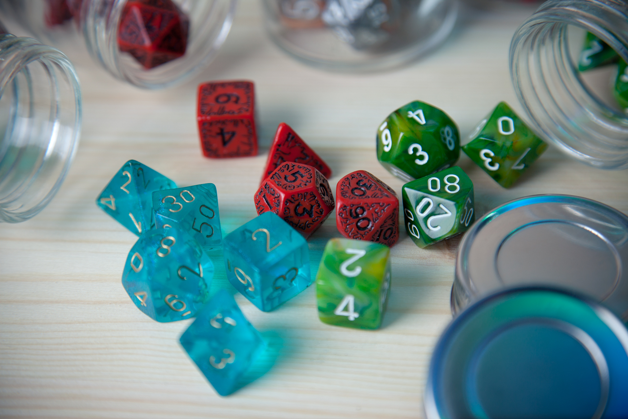 colorful dice with numbers are sitting on the table