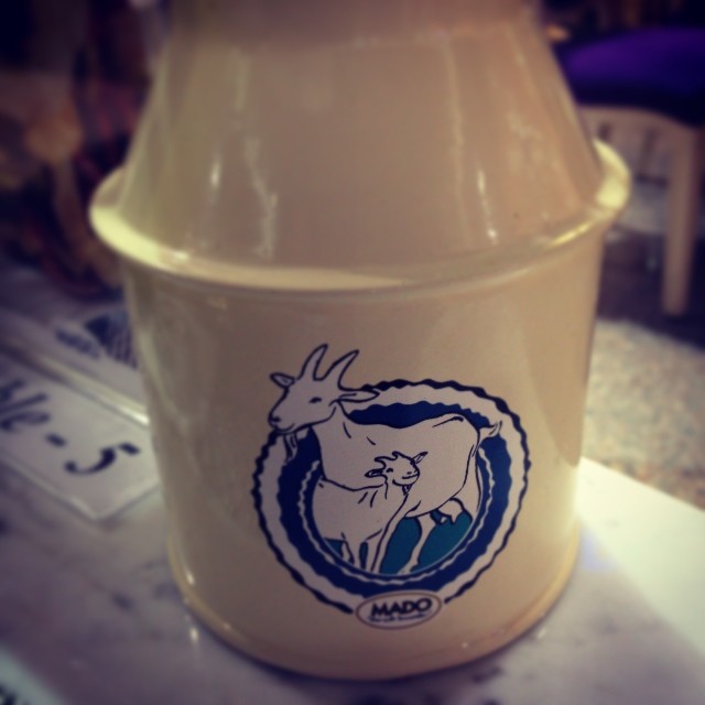a small yellow milk jug with an image of a goat and a cow on the lid