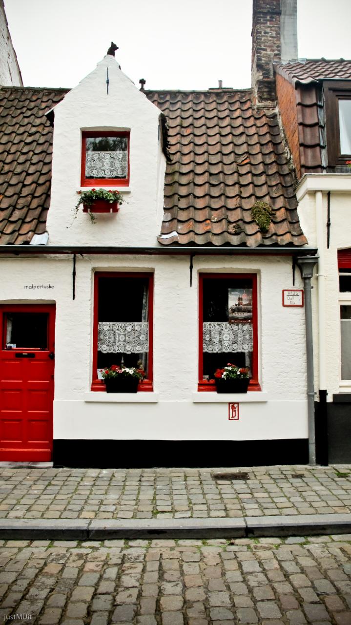 two small white houses with red shutters on the windows