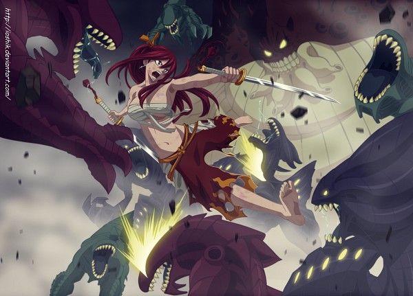 cartoon character with red hair attacking monsters