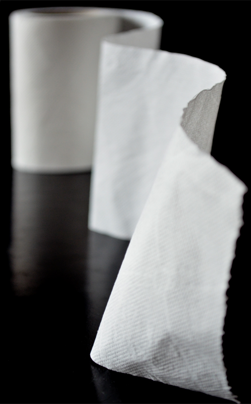two pieces of folded paper are next to a roll of tissue
