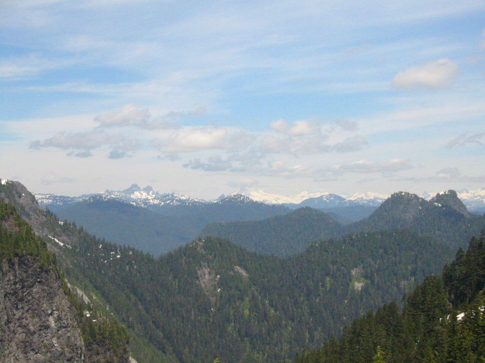 the mountains are surrounded by evergreens and snow - capped peaks