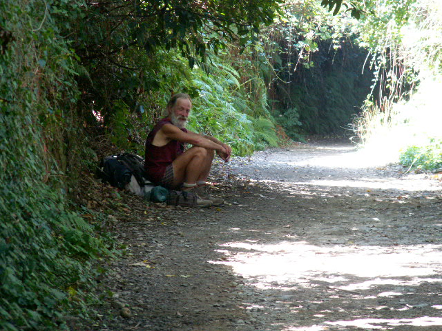 an older woman sitting next to a lush green forest