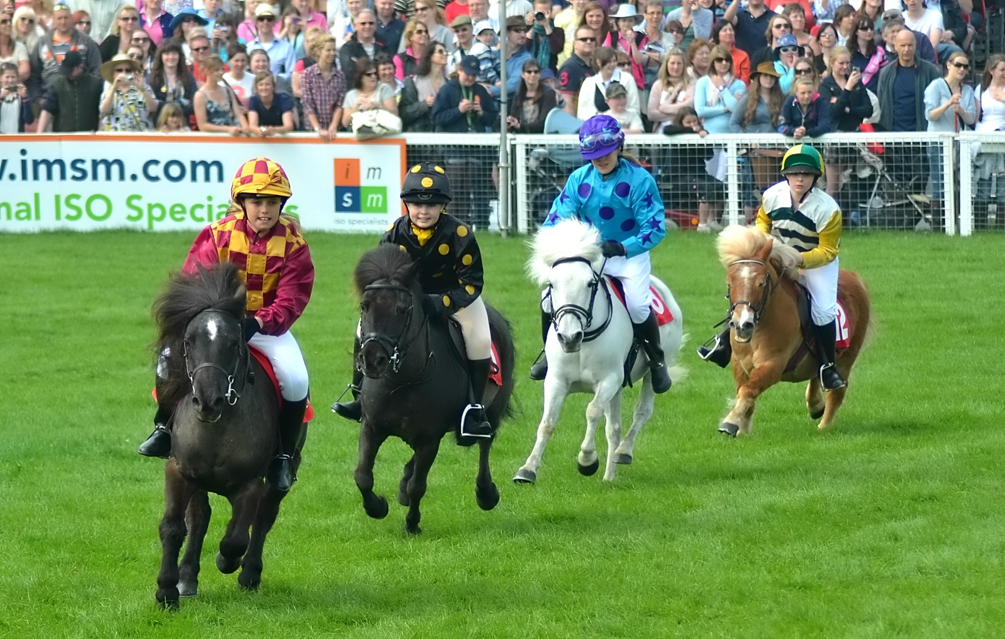 a group of people riding horses along side of a lush green field