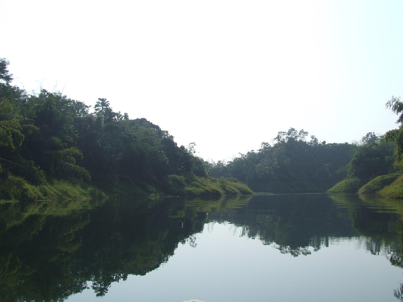 the view from the front of a canoe on a river