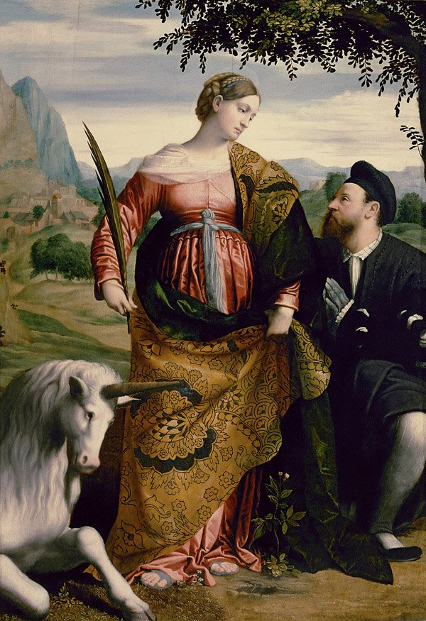 a painting of a lady with a horned animal
