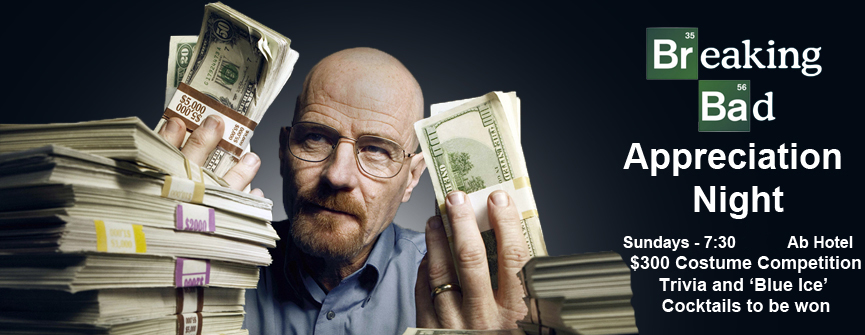 a man surrounded by stacks of money with a caption reading breaking bad appreciation night