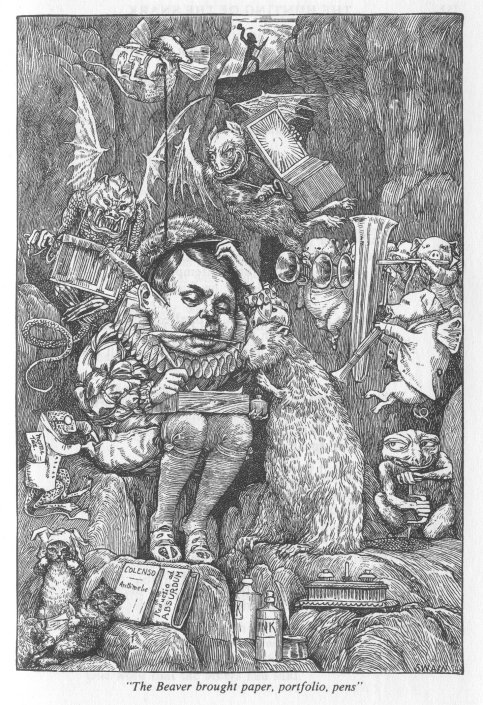black and white ink drawing of an old man surrounded by creatures