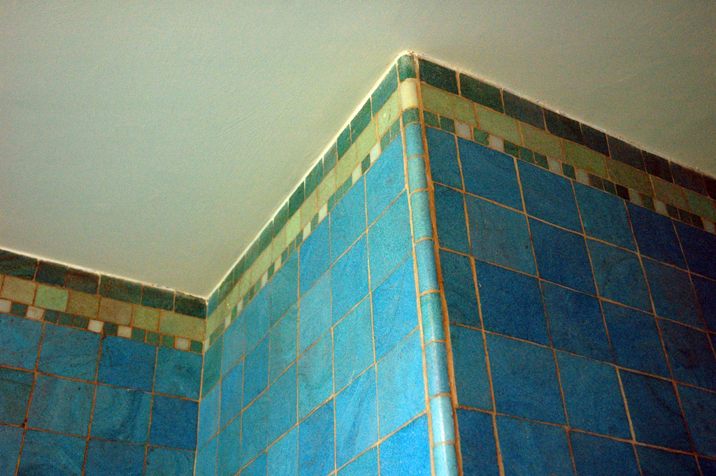 the top side of a blue tile building with a sky background