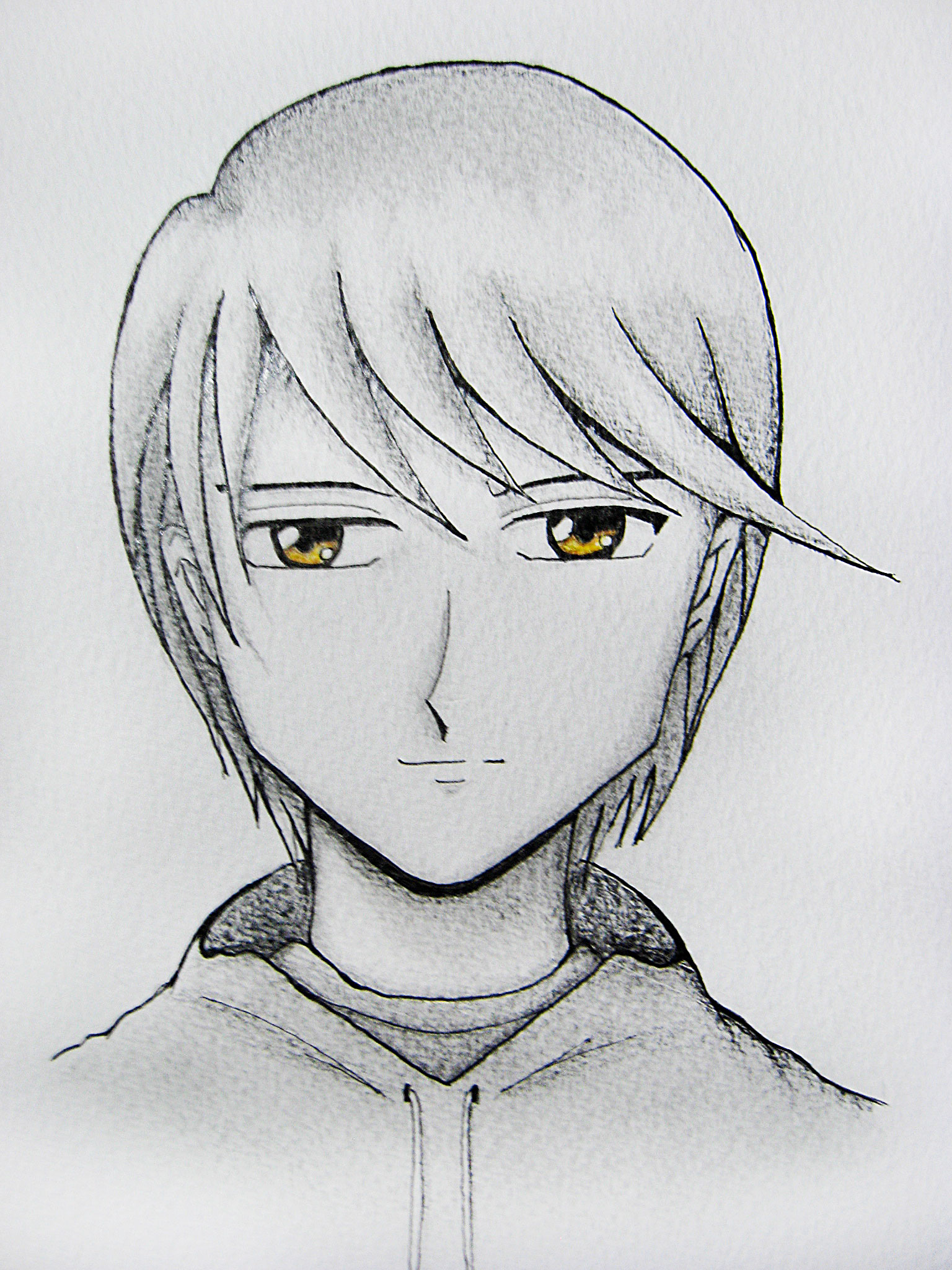 this is a drawing of a man with eyes, ears and an anime haircut