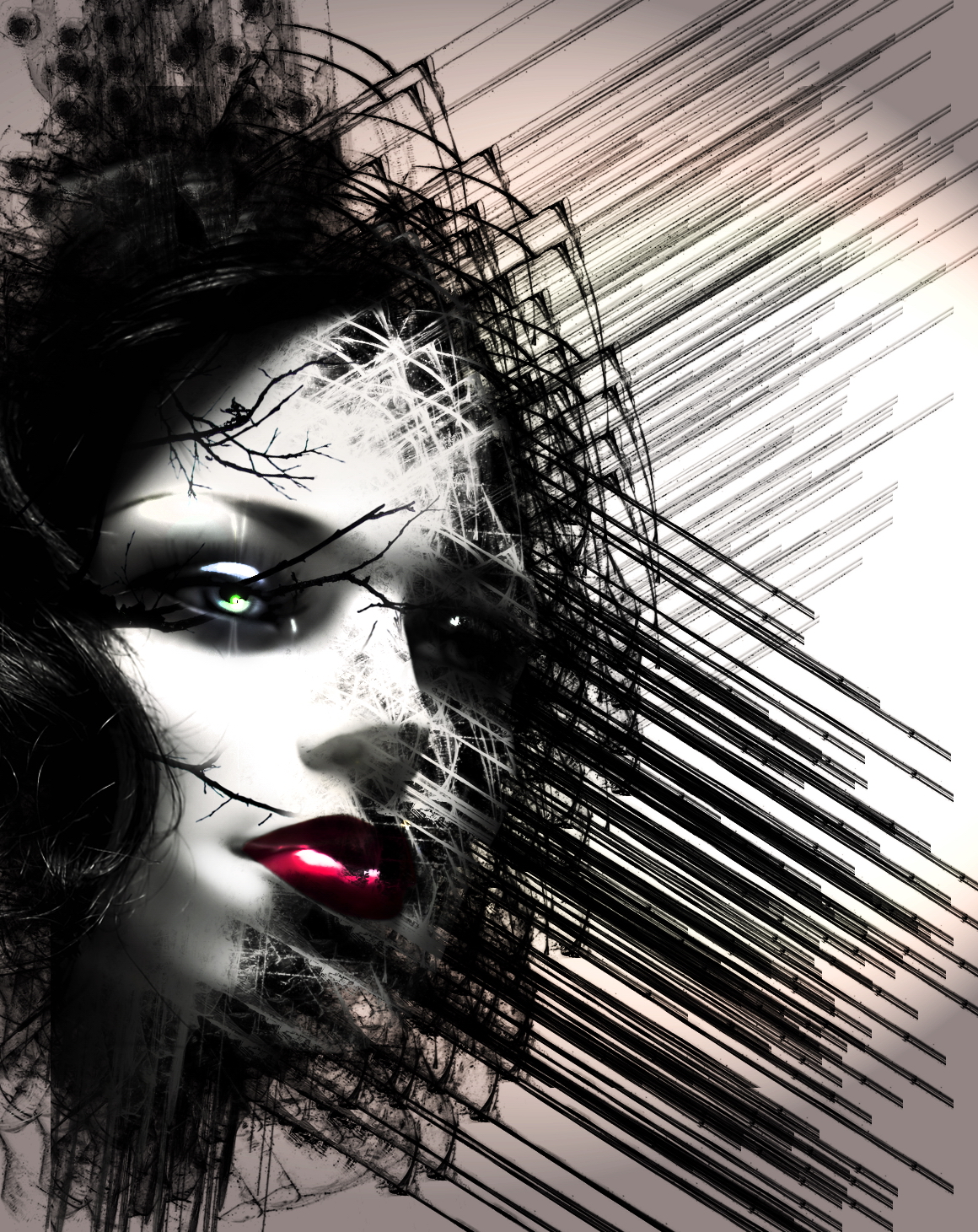 digital artwork of a lady with blue eyes and an abstract hairstyle