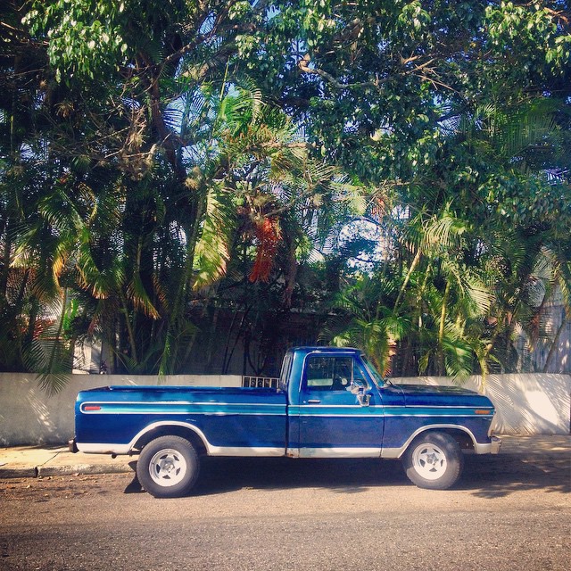 blue truck with blue rim parked on side of street