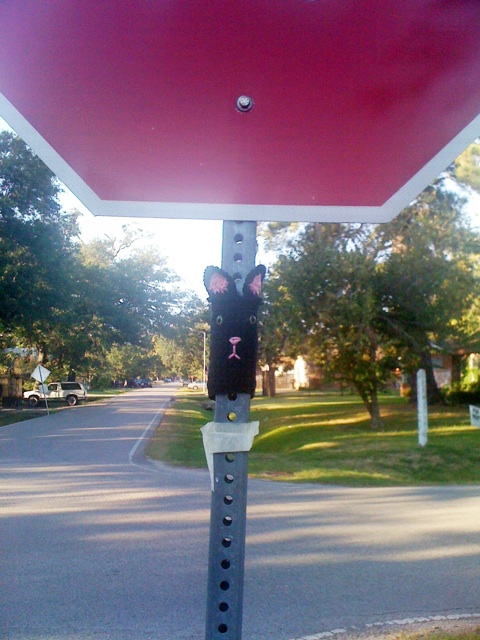 a stop sign with an animal face drawn on it