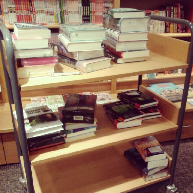 some books that are on two shelves in a liry