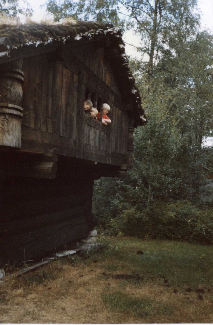 two s looking out from a wooden house