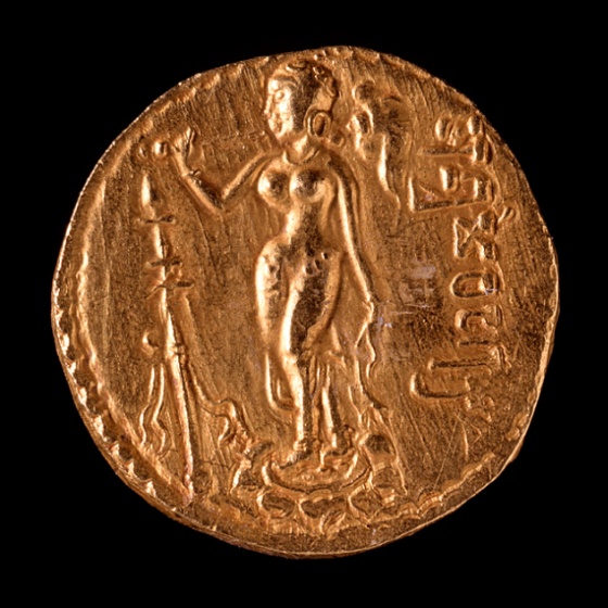 the ancient bronze coin has been restored