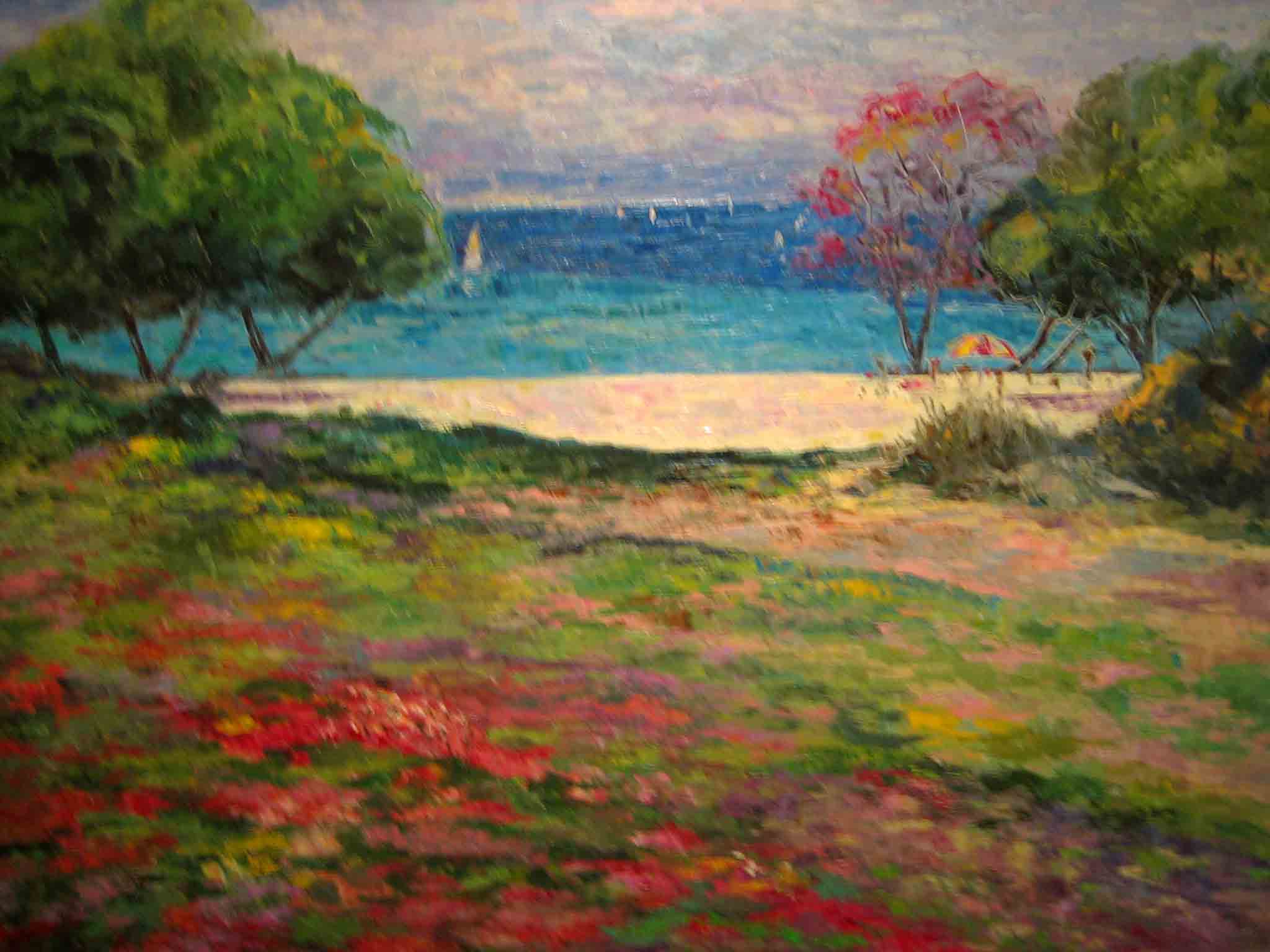 a painting of a beach with flowers and trees