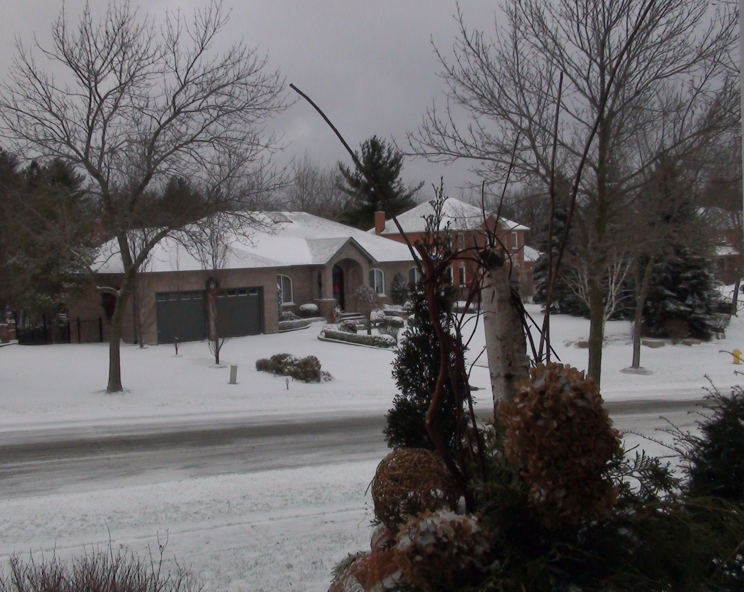 a street scene of a residential street covered in snow