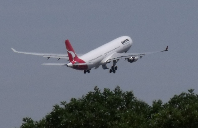 a plane flying low with it's landing gear down