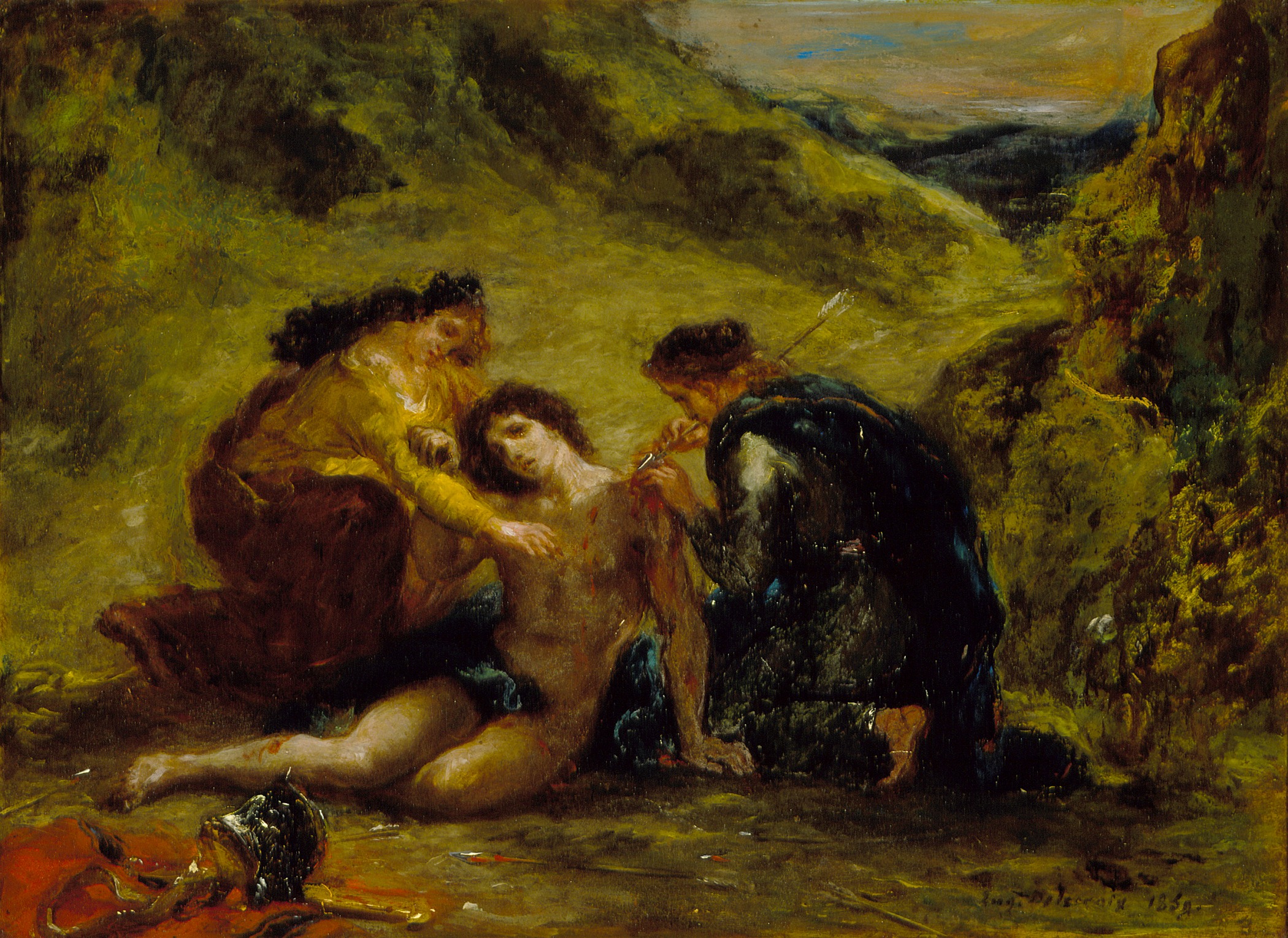 a painting of a woman and two men talking