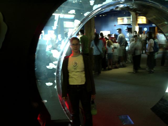 a man walking through a tunnel filled with people