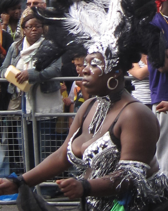 a woman is dressed in silver and feather feathers