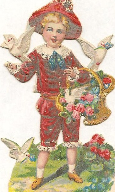 a boy with two birds on his back and the bird in his hand