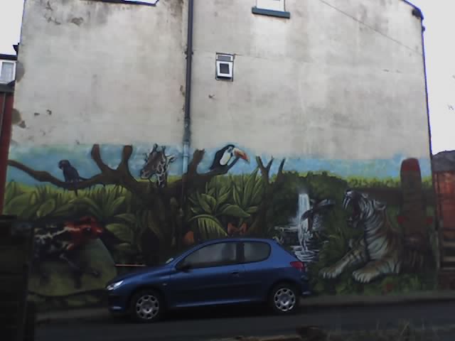 a car is parked in front of a building painted with a mural