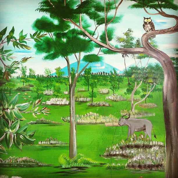 an image of a painting of animals in the forest