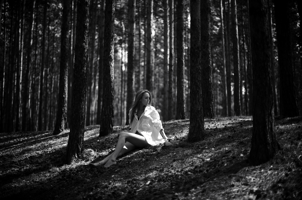 a woman sitting on a hill surrounded by tall trees