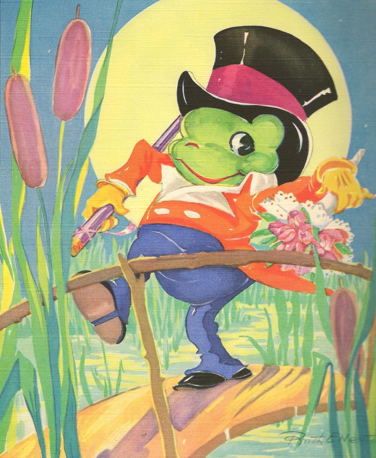 the frog in hat is sitting on the side of a swamp