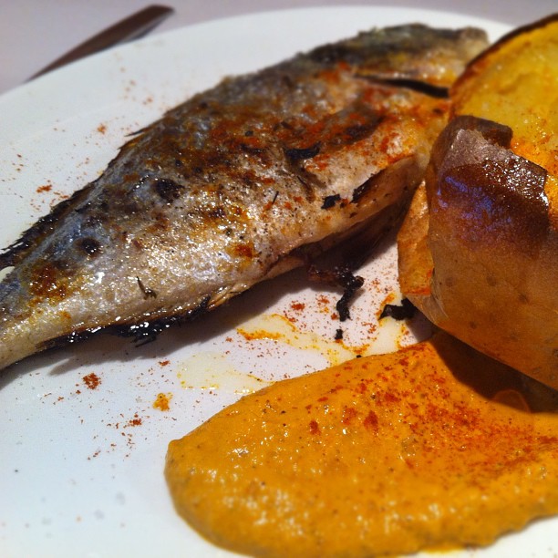 fried fish and potatoes on a white plate