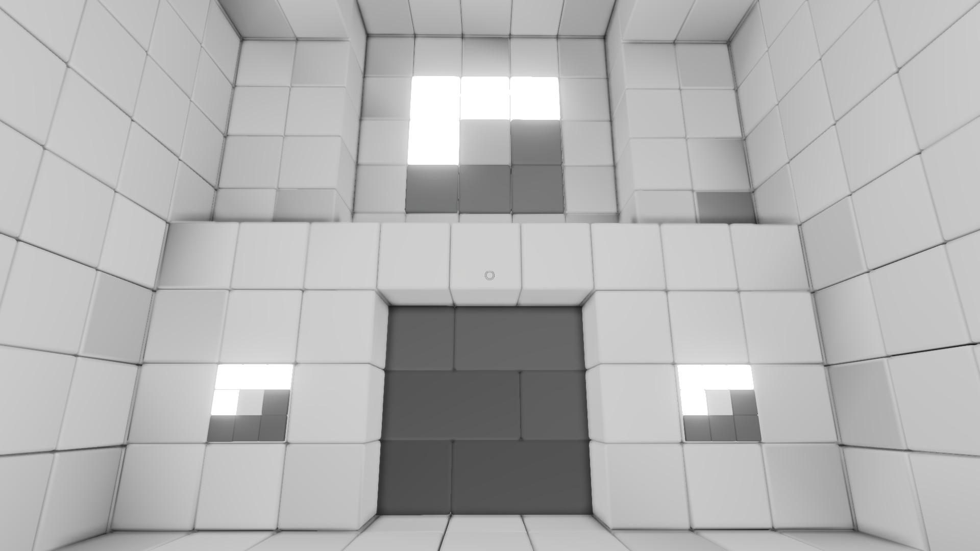 an empty room with several mirrors and cubes on the wall