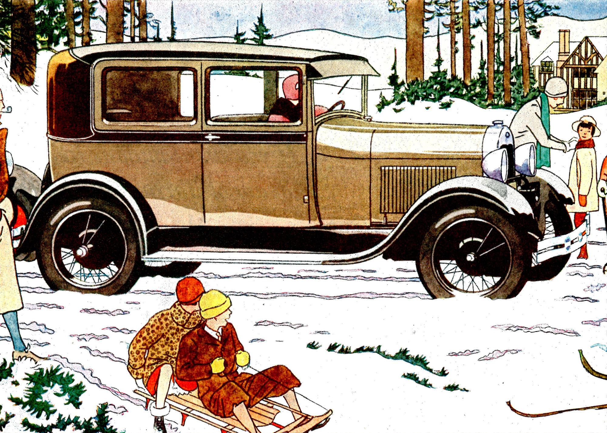 a drawing of some old cars in the snow